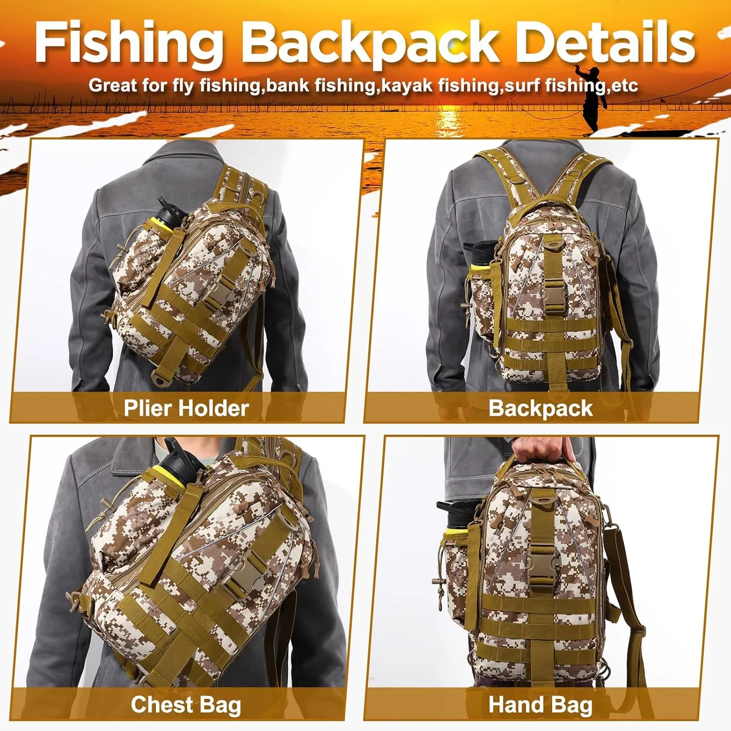 85 Pcs Fishing Backpack with Tackle Boxes, Tackle Sling Bag with Rod Holder, Fishing Lures Kit and Pliers Set for Men Women