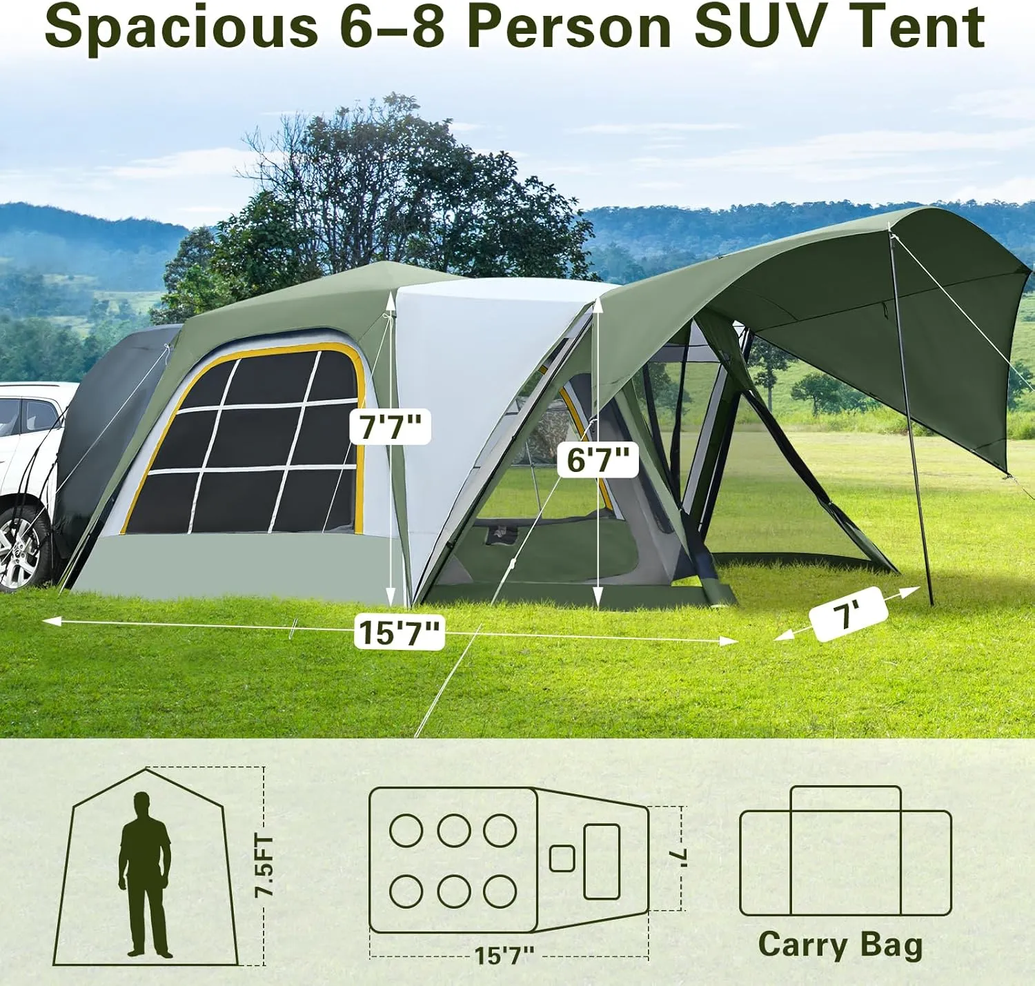 ABORON 4/6/8 Person SUV Tent, Easy Setup & Spacious SUV Tailgate Tent with Large Mesh Windoors, Rainfly & Awning, Perfect for Family & Group Outdoor Adventures