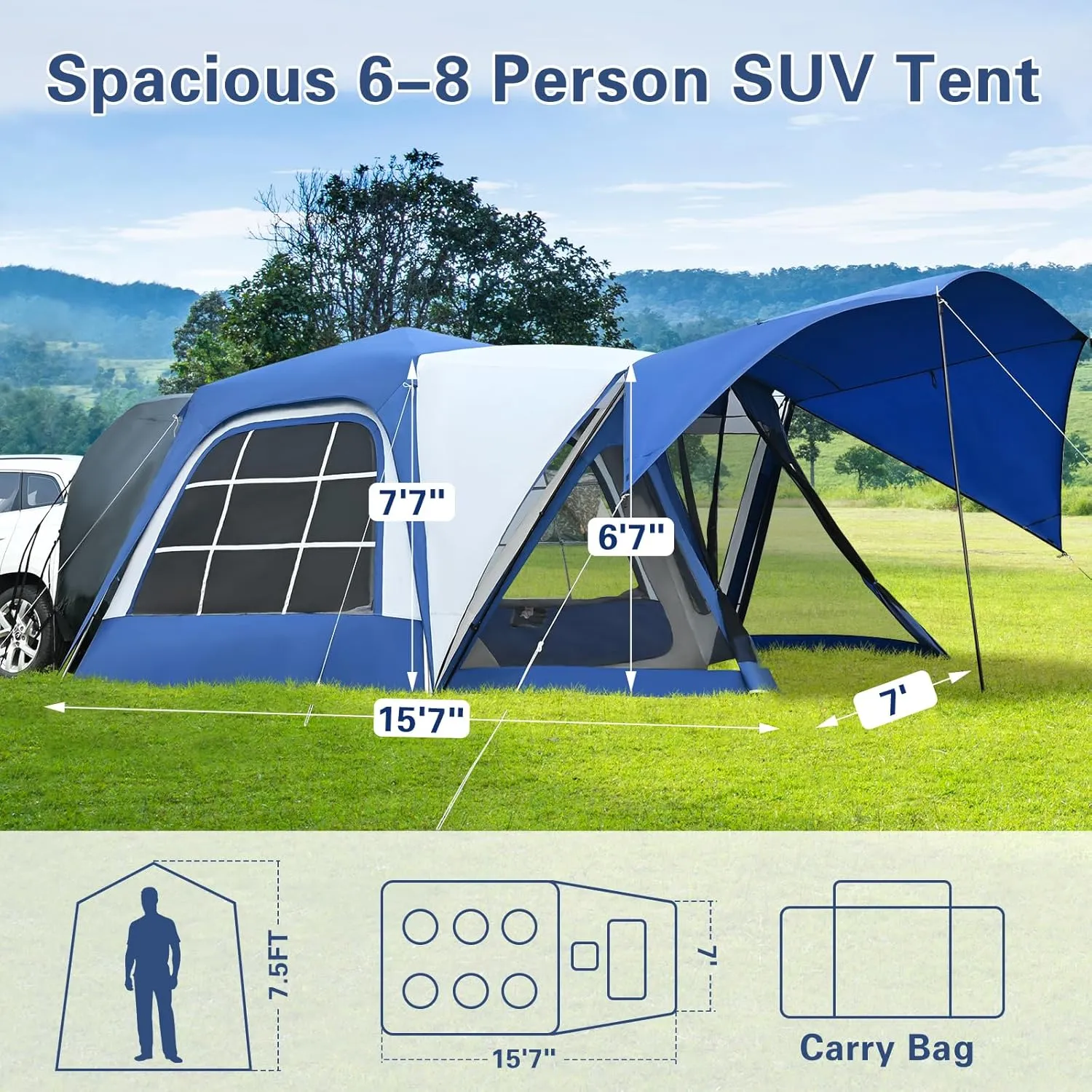 ABORON 4/6/8 Person SUV Tent, Easy Setup & Spacious SUV Tailgate Tent with Large Mesh Windoors, Rainfly & Awning, Perfect for Family & Group Outdoor Adventures