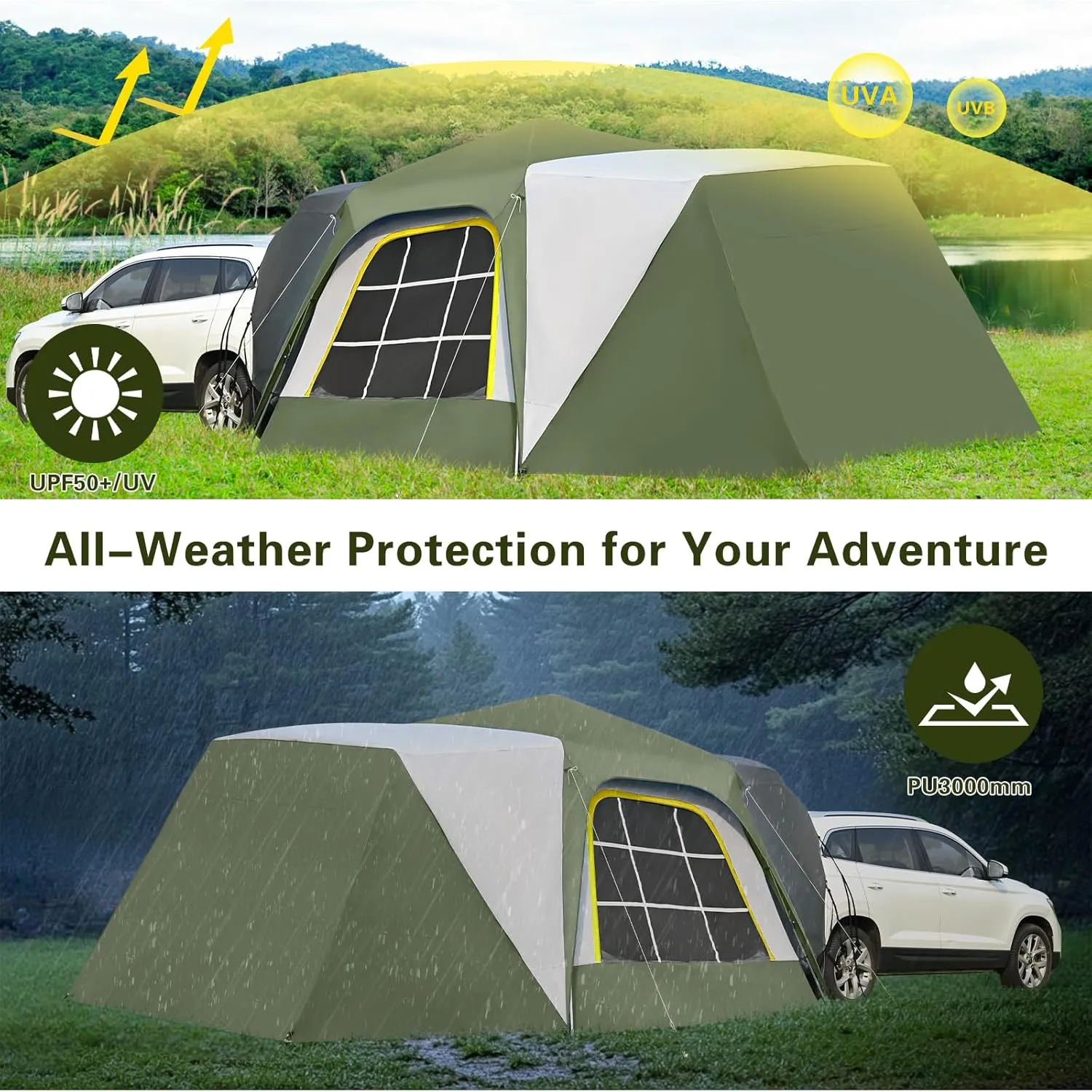 ABORON 4/6/8 Person SUV Tent, Easy Setup & Spacious SUV Tailgate Tent with Large Mesh Windoors, Rainfly & Awning, Perfect for Family & Group Outdoor Adventures