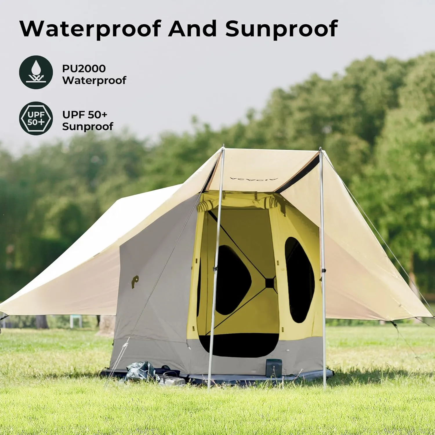 ACACIA Canopy 2-3 Person for Space Acacia Camping System, PU2000 Waterproof Camping Tarp for 4 Season Camping, UPF50  Sunproof Tent Tarp with 2 Telescoping Poles, Carry Bag, Almond