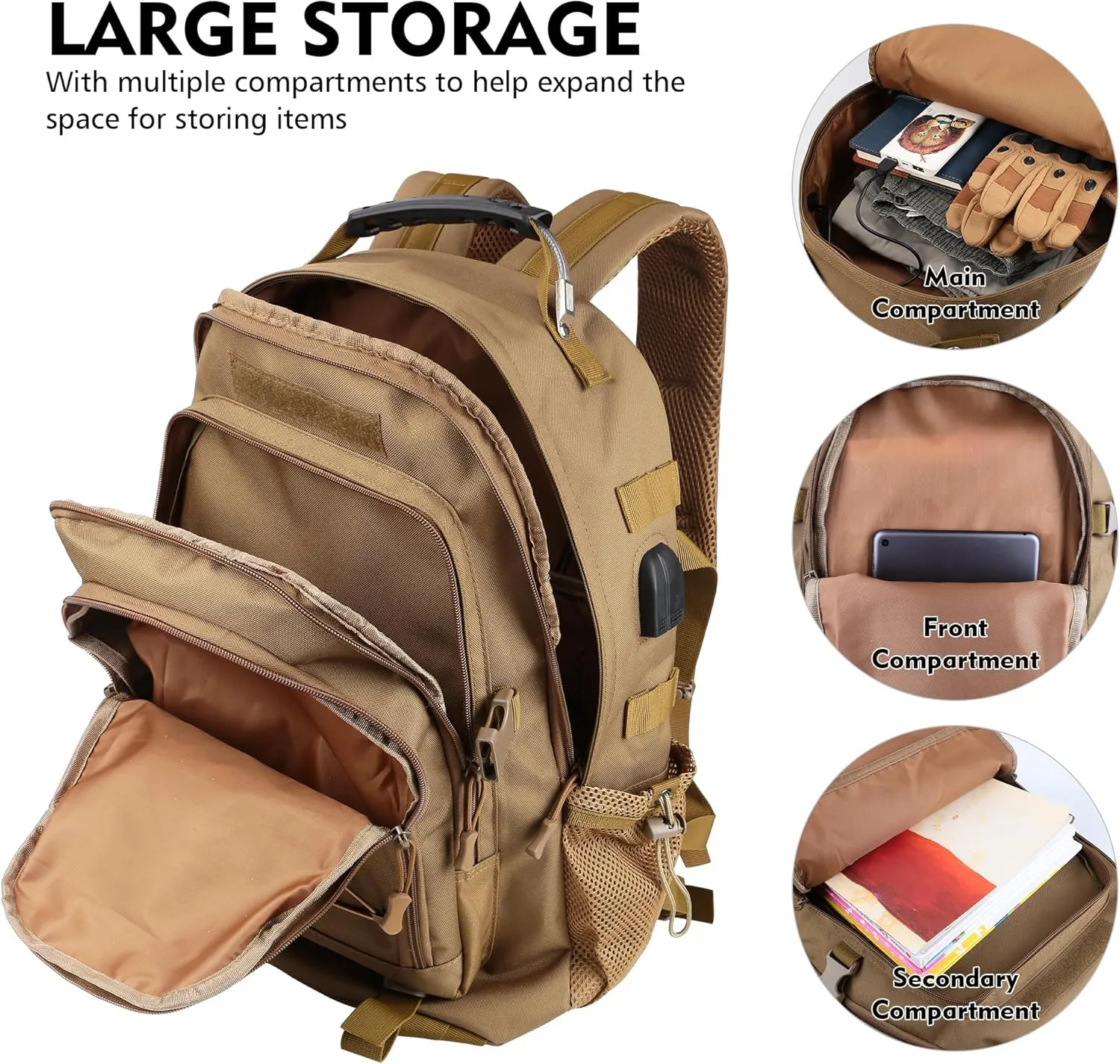 aiGear Tactical Backpack for Men, 35L Military Backpack, 3-Day Bug Out Bag for Camping Hiking Hunting with Molle System Army Daypack (35L Khaki)
