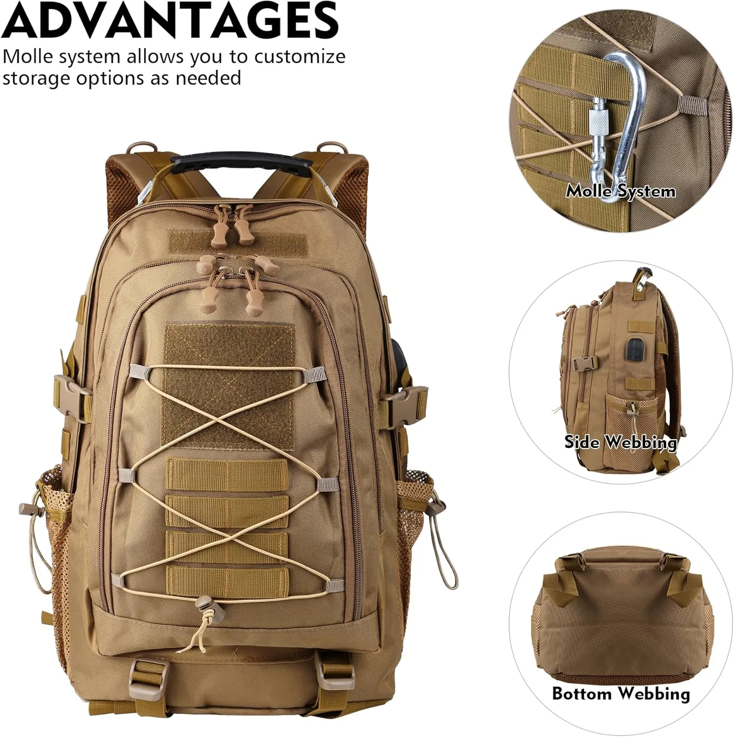 aiGear Tactical Backpack for Men, 35L Military Backpack, 3-Day Bug Out Bag for Camping Hiking Hunting with Molle System Army Daypack (35L Khaki)