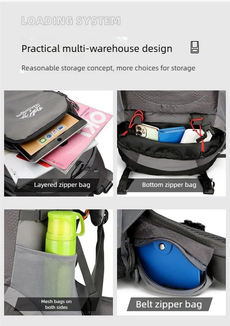 Air floating carrying system outdoor hiking bag, 50L large-capacity hiking and camping sports backpack, waterproof travel bag (blue)