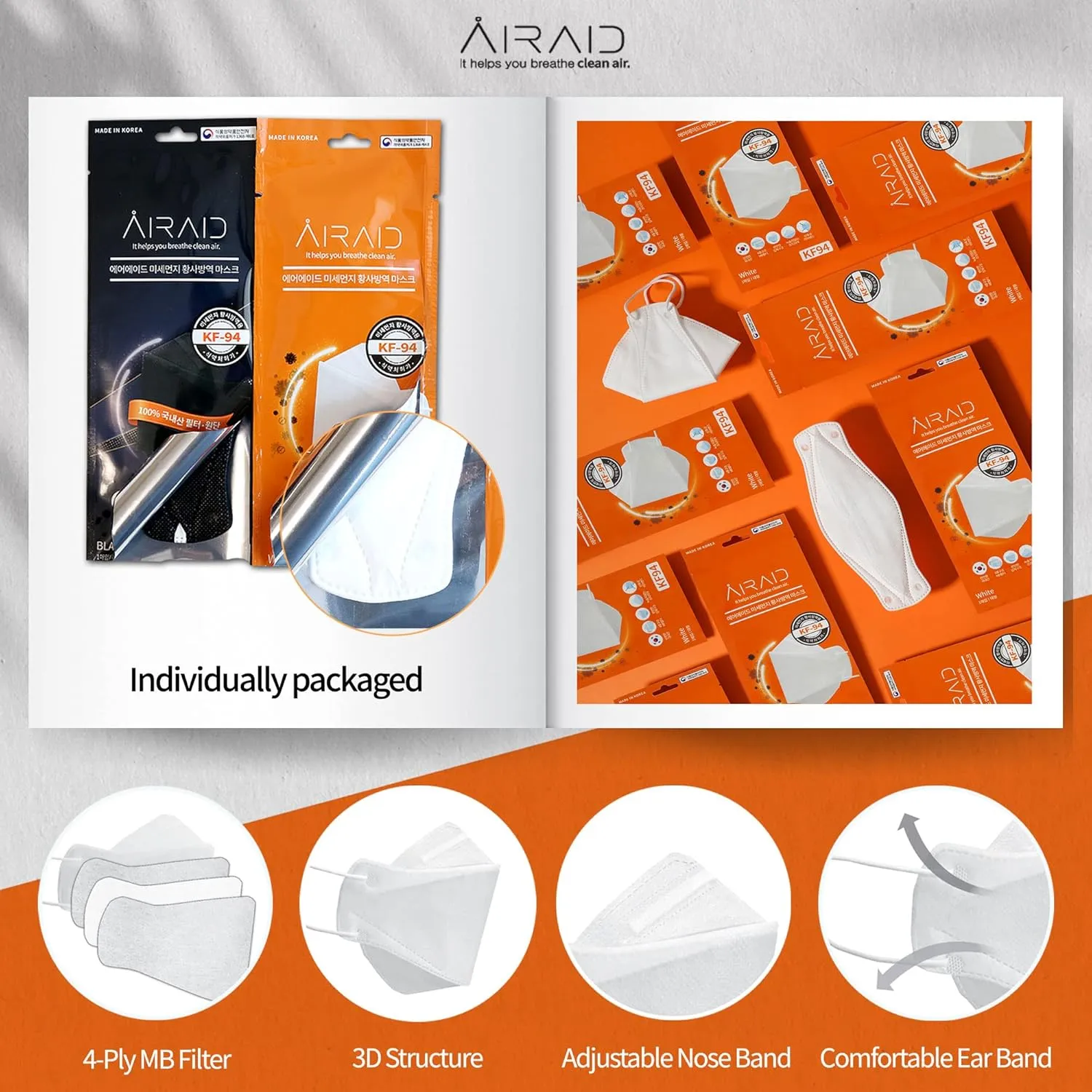 AIRAID-KF94 [Individually Wrapped] - Made in Korea, 4-Layer Filter, 3D Face Mask, Black, White, Adult and Older Teens