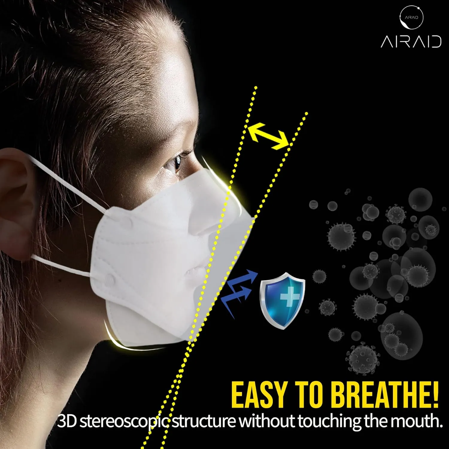 AIRAID-KF94 [Individually Wrapped] - Made in Korea, 4-Layer Filter, 3D Face Mask, Black, White, Adult and Older Teens