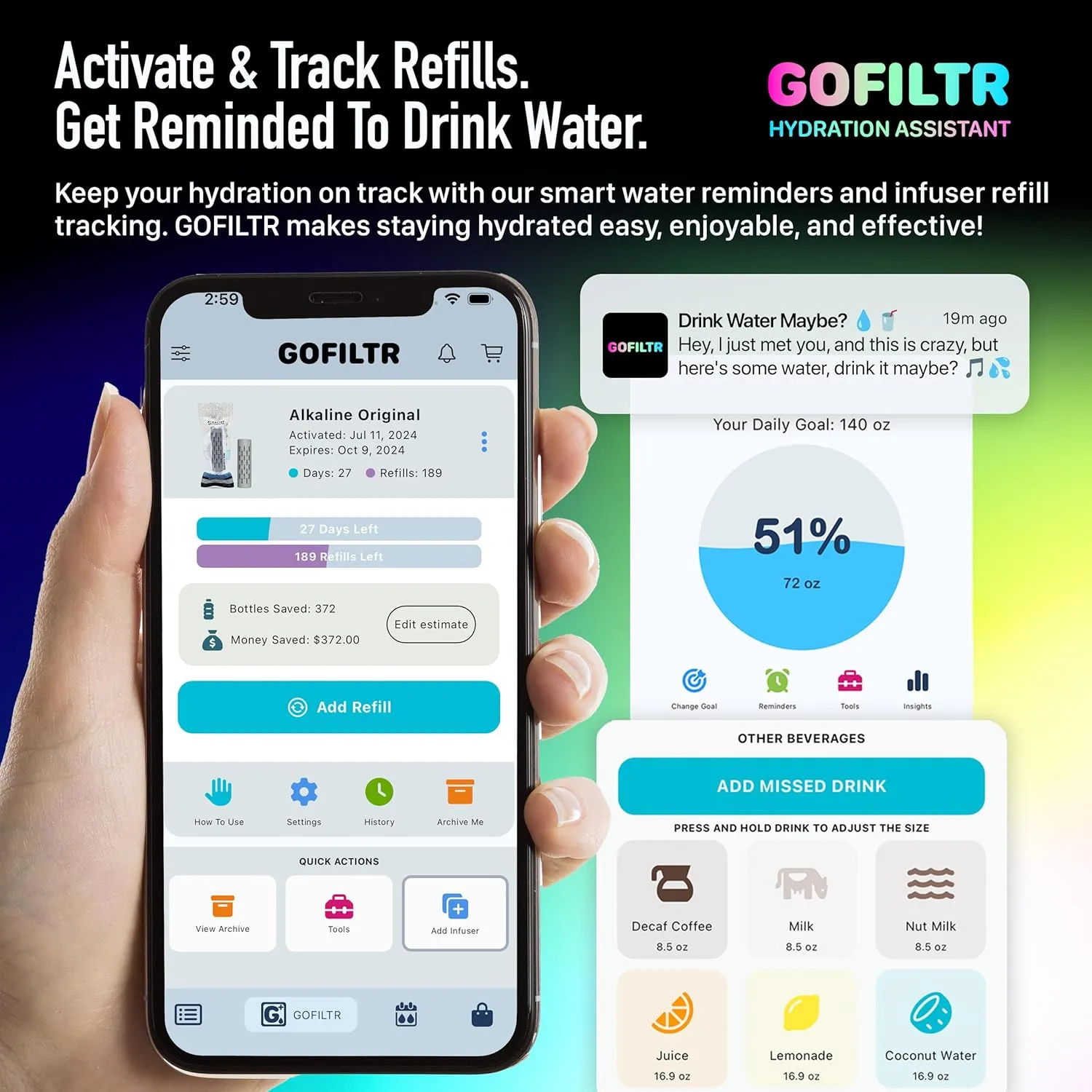Alkaline Water Infuser - 9.5 pH   Electrolytes for Any Water Bottle/Small Pitcher, 750 Refills / 3 Months, Ionized Mineral Water Infuser (1 Pack)