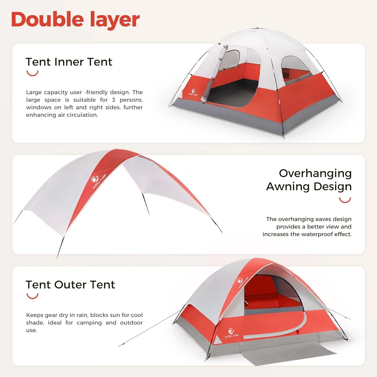 ALPHA CAMP 2/3/4 Person Camping Dome Tent with Rainfly, Lightweight Weatherproof Portable Backpacking Instant Tent, Easy Setup Tent for Outdoor Camping, Hiking, Mountaineering, Travel, Beach
