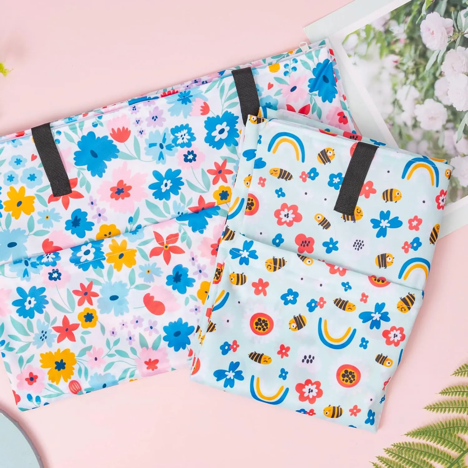 ALVABABY 2 Pack Large Wet Dry Bag Waterproof Hanging Cloth Diaper with Double Zippered Pockets 25x18 inches (Rainbow and flowers)