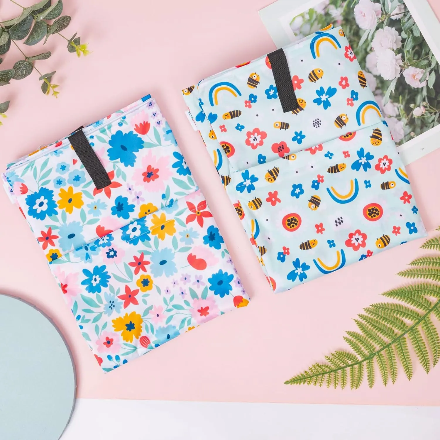 ALVABABY 2 Pack Large Wet Dry Bag Waterproof Hanging Cloth Diaper with Double Zippered Pockets 25x18 inches (Rainbow and flowers)