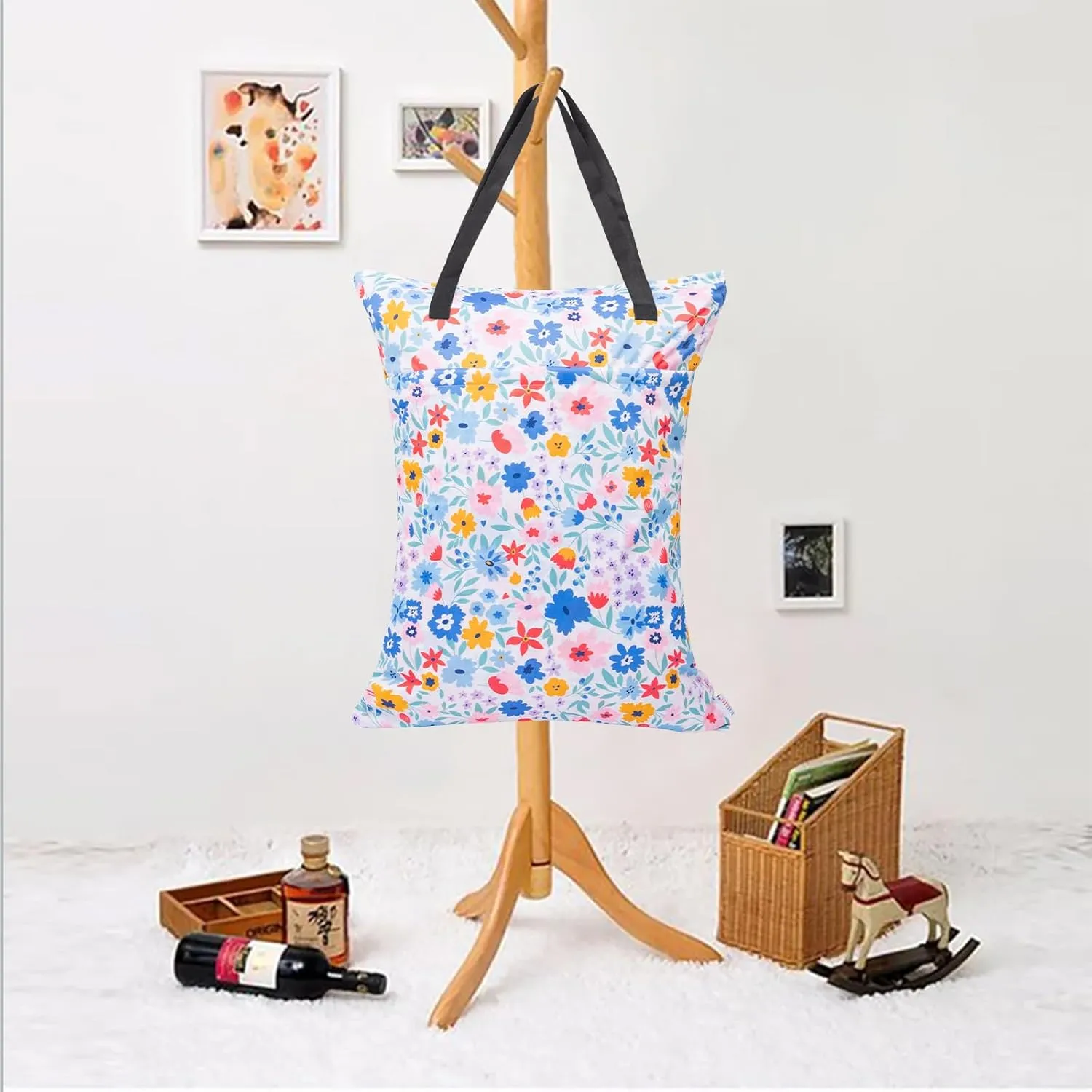 ALVABABY 2 Pack Large Wet Dry Bag Waterproof Hanging Cloth Diaper with Double Zippered Pockets 25x18 inches (Rainbow and flowers)