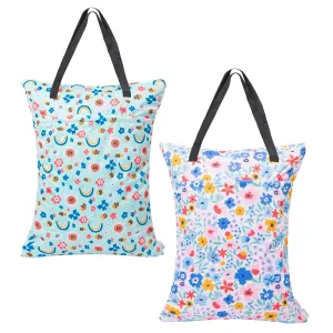 ALVABABY 2 Pack Large Wet Dry Bag Waterproof Hanging Cloth Diaper with Double Zippered Pockets 25x18 inches (Rainbow and flowers)