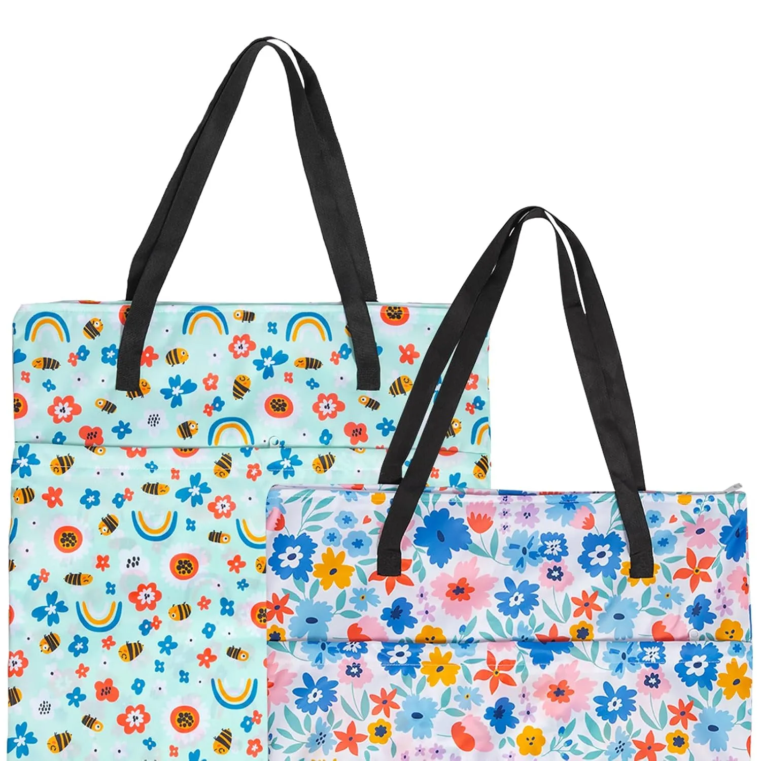 ALVABABY 2 Pack Large Wet Dry Bag Waterproof Hanging Cloth Diaper with Double Zippered Pockets 25x18 inches (Rainbow and flowers)