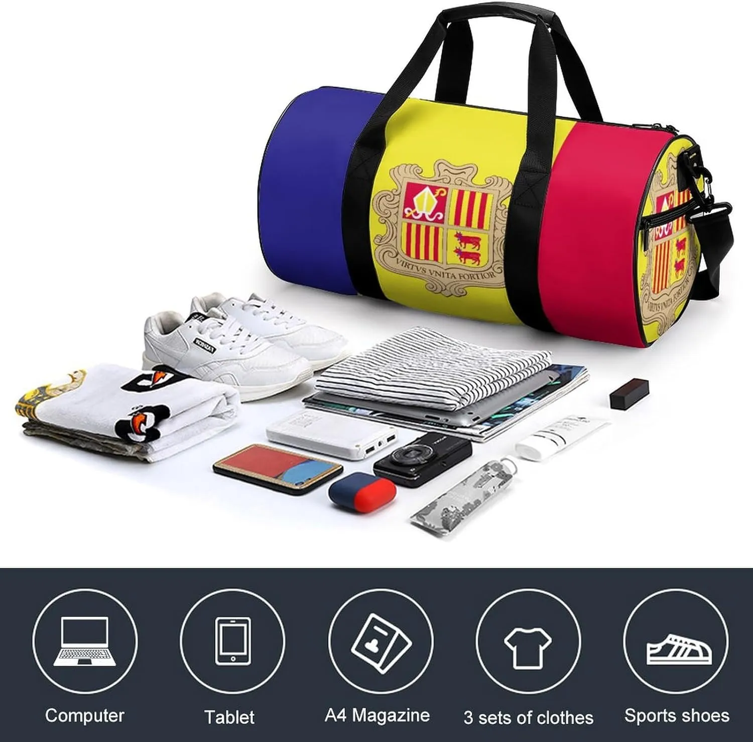Andorra Flag Sports Duffel Bag for Boys Girls Dry Wet Separation Overnight Gym Bag