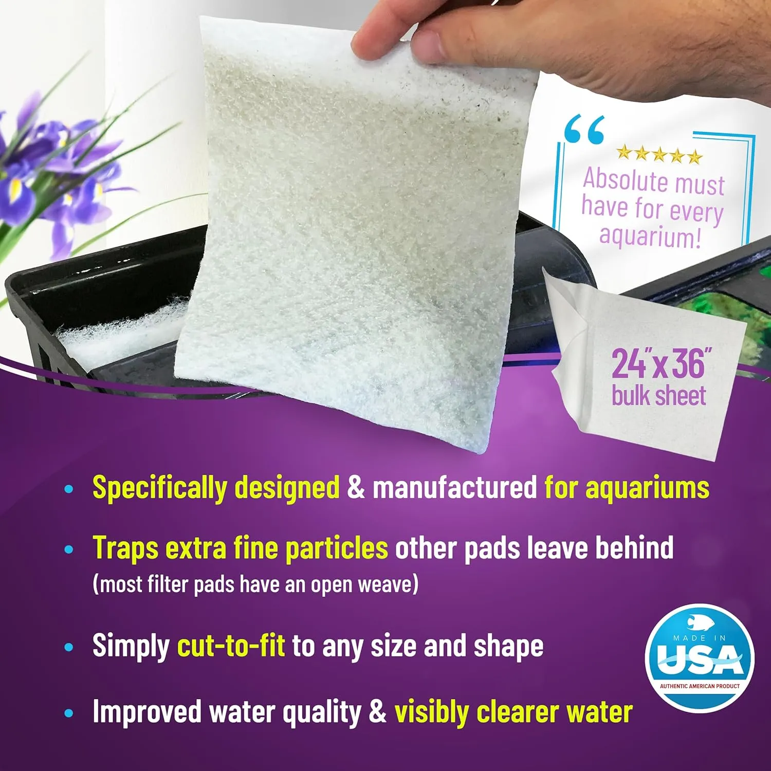 Aquatic Experts Aquarium Polishing Filter Pad, Water Polishing Pad for Aquarium Filters, Filter Floss for Fish Tank Filters, (50 Micron, 24" x 36" - 1 Pack)