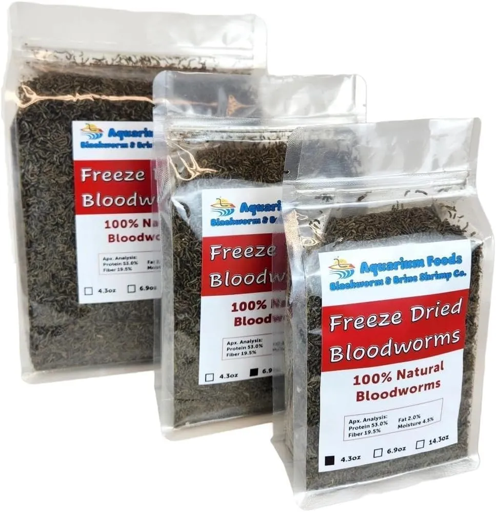 Aquatic Foods Inc. Bloodworms, Grade A Freeze Dried Bloodworms for All Tropical Fish, Cichlids, Discus, Tetras, Goldfish, Bettas, Angel Fish, Marine Fish, Carnivorous Plants…4.3oz Clear Bag