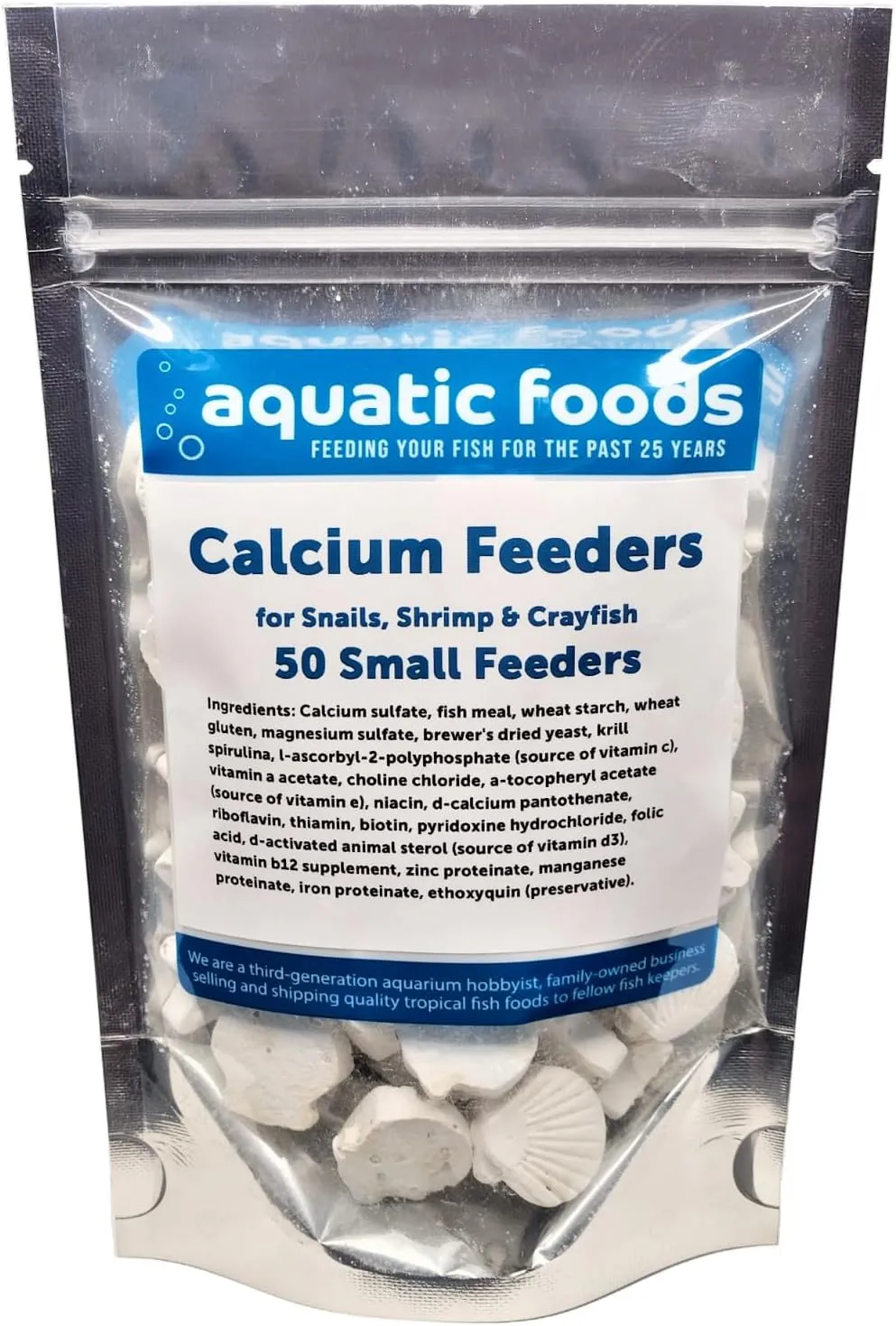 Aquatic Foods Inc. Calcium Feeder Disks for Shrimp, Snails, Crabs, Crayfish, Hermit Crabs and All Tropical Fish, 50 Count Bag of Small Calcium Feeder Disks