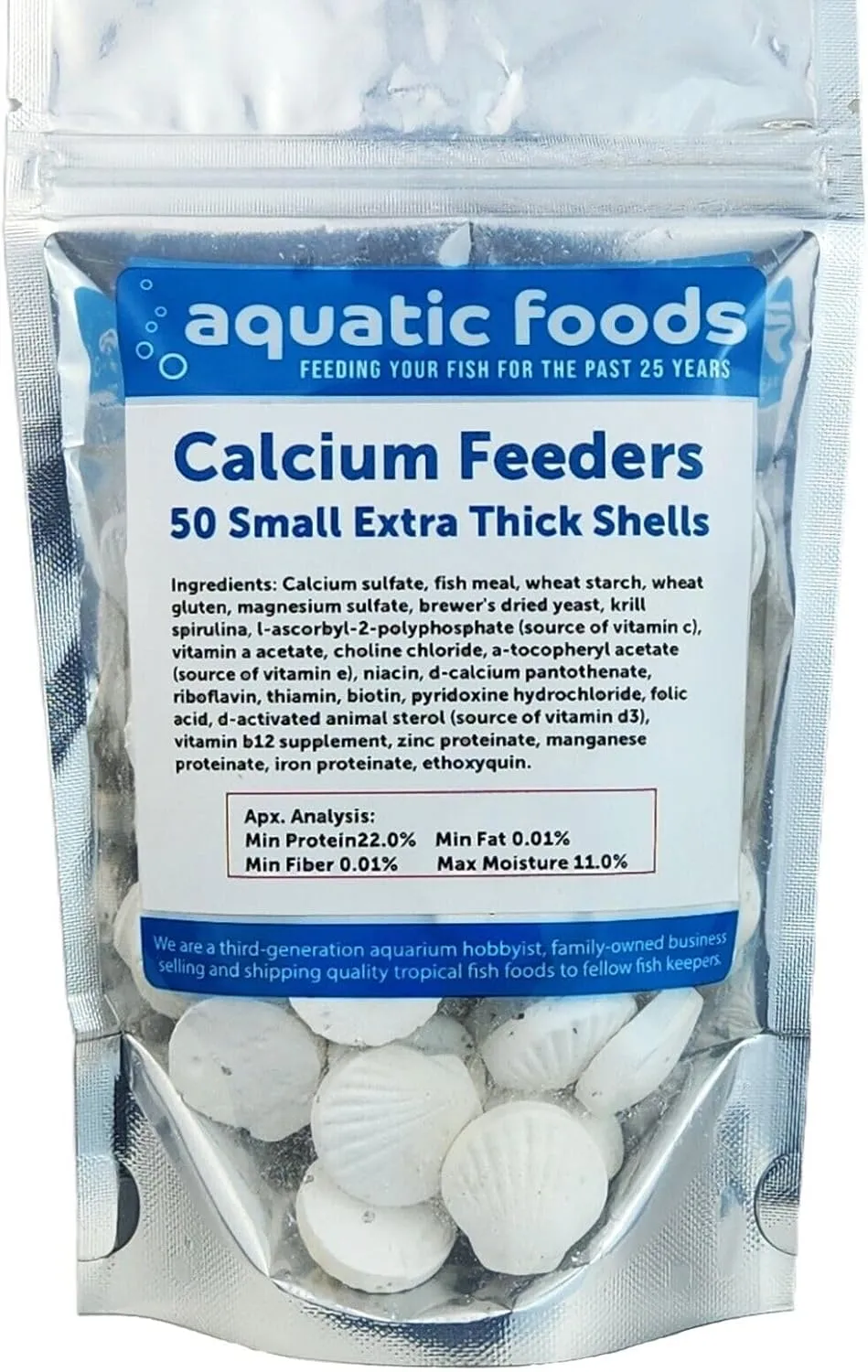 Aquatic Foods Inc. Calcium Feeder Small Shells. Extra Thick Shells for Shrimp, Snails, Crabs, Crayfish, Hermit Crabs and All Tropical Fish…50 Count Bag