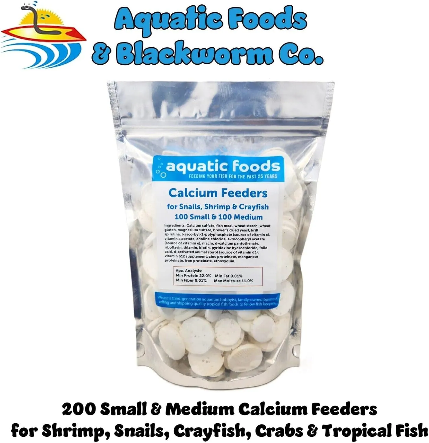 Aquatic Foods Inc. Small & Medium Calcium Feeder Disks for Shrimp, Snails, Crabs, Crayfish, Hermit Crabs and All Tropical Fish…200 Count Bag of Small & Medium