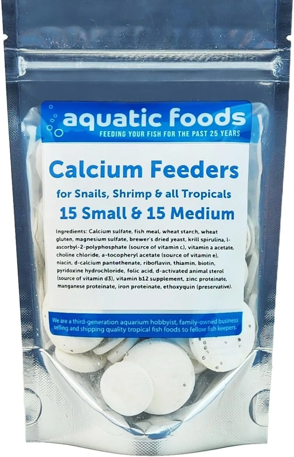 Aquatic Foods Inc. Small & Medium Calcium Feeder Disks for Shrimp, Snails, Crabs, Crayfish, Hermit Crabs and All Tropical Fish…30 Count Bag of Small & Medium