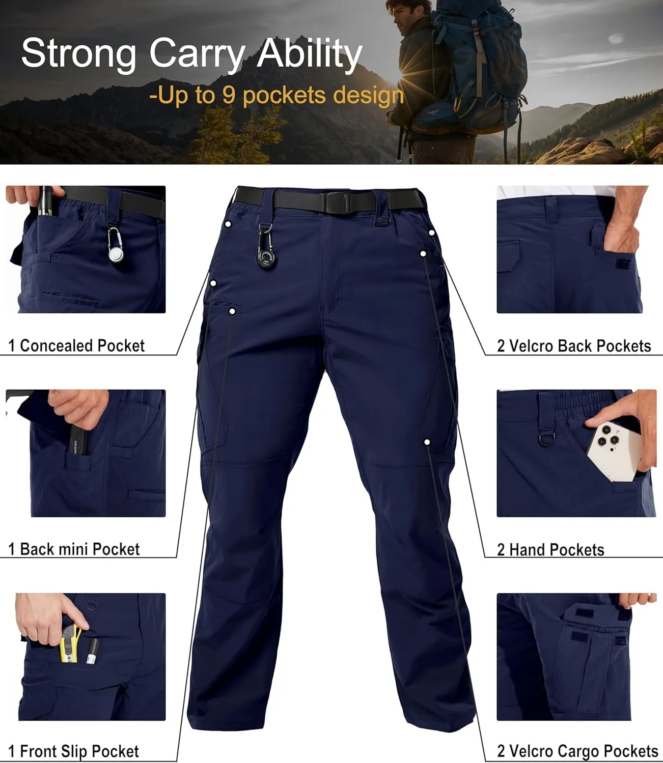 Arunlluta Men’s Tactical Pants, Ripstop Water Resistant Cargo Work Pants for Men, Stretch Hiking Pants Lightweight