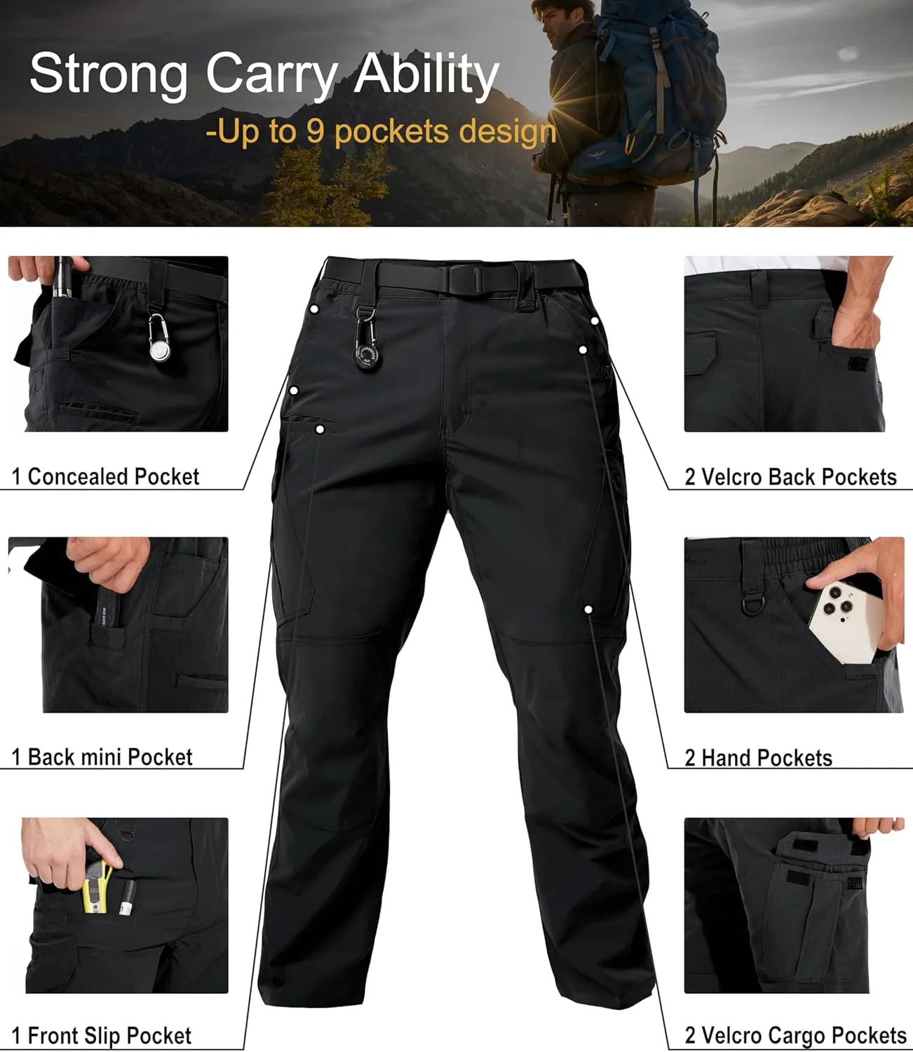 Arunlluta Men’s Tactical Pants, Ripstop Water Resistant Cargo Work Pants for Men, Stretch Hiking Pants Lightweight