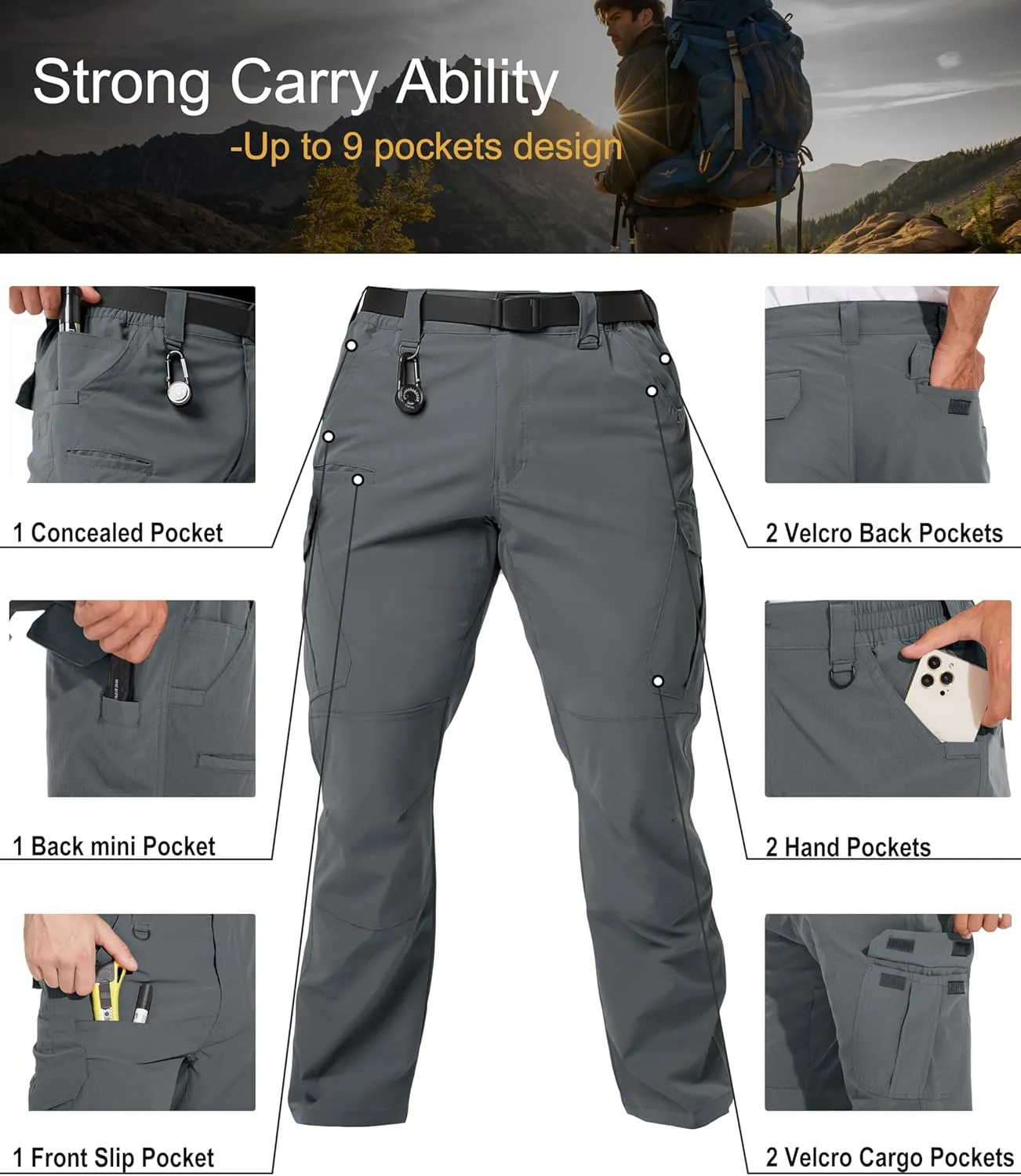 Arunlluta Men’s Tactical Pants, Ripstop Water Resistant Cargo Work Pants for Men, Stretch Hiking Pants Lightweight