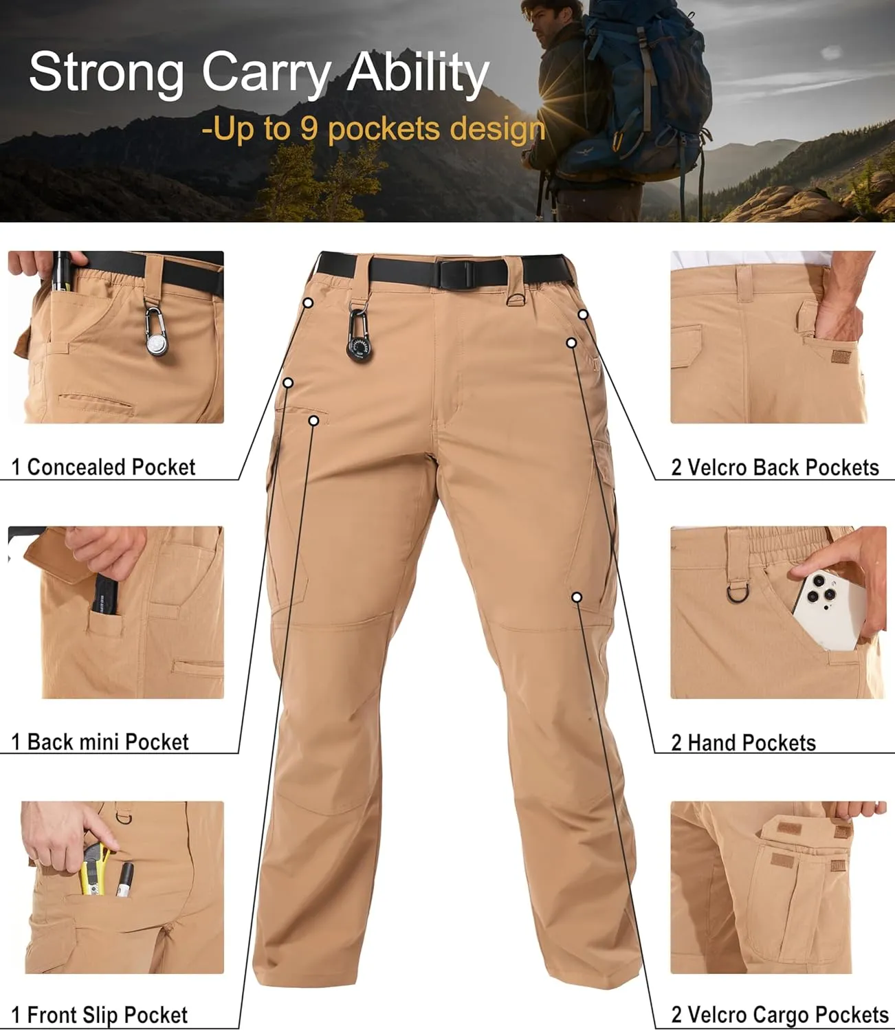 Arunlluta Men’s Tactical Pants, Ripstop Water Resistant Cargo Work Pants for Men, Stretch Hiking Pants Lightweight