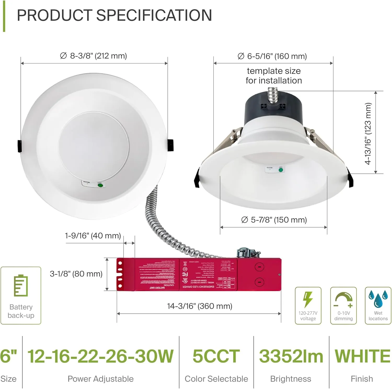 ASD Commercial LED Downlight 6 Inch with Emergency Battery Backup 15W, Power Adjustable Downlights 12/16/22/26/30W, Canless Recessed Lighting 120-277V, 5 CCT 2700K-5000K, Dimmable, IC Rated, White ETL