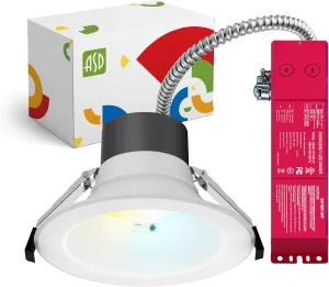 ASD Commercial LED Downlight 6 Inch with Emergency Battery Backup 15W, Power Adjustable Downlights 12/16/22/26/30W, Canless Recessed Lighting 120-277V, 5 CCT 2700K-5000K, Dimmable, IC Rated, White ETL