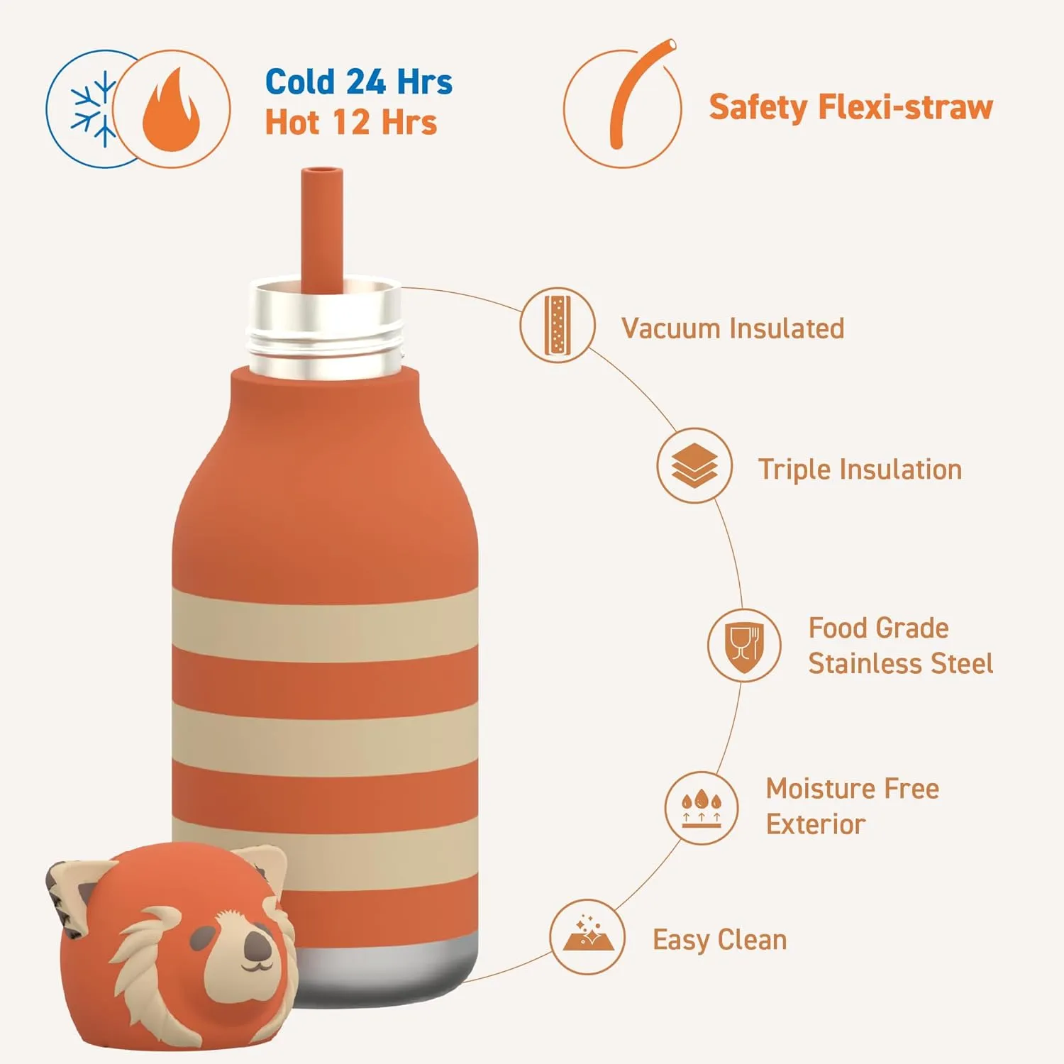 asobu Bestie Bottle Insulated Stainless Steel Water Bottle with Detachable Soft Animal Head Fun Drinking For Kids and Teens16 Ounce with Flexible Reusable Straw (RED PANDA)