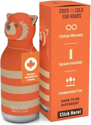 asobu Bestie Bottle Insulated Stainless Steel Water Bottle with Detachable Soft Animal Head Fun Drinking For Kids and Teens16 Ounce with Flexible Reusable Straw (RED PANDA)