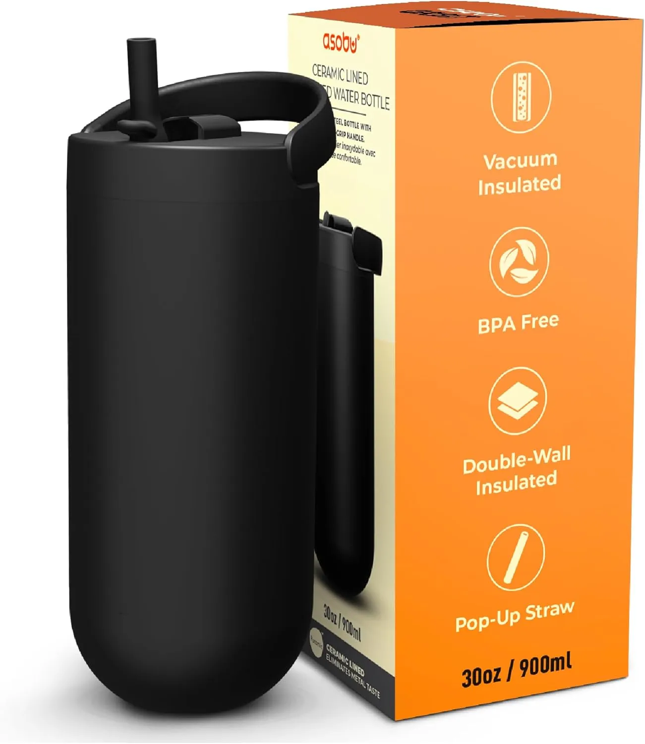 Asobu Orbit 30oz/900ml Water Bottle, Sleek Insulated Bottle with Pop-Up Lid and Carry Handle, Perfect for Iced Coffee, Travel, and Stylish Hydration