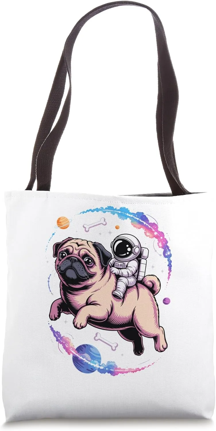 Astronaut Pug Space Floating Bones Planets Stars Tote Bag
