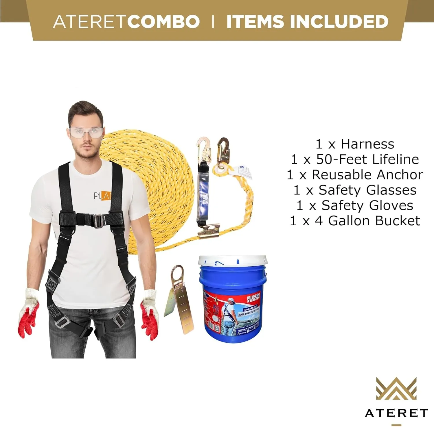 ATERET V5501 Roofing Bucket I 50 ft. Vertical Lifeline Assembly, Reusable Anchor, 5 Gallon Bucket, Safety Harness Kit