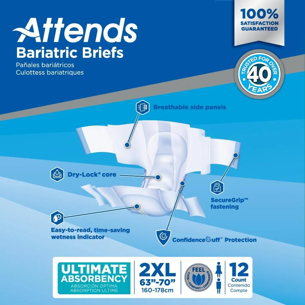 Attends Bariatric Incontinence Disposable Briefs, XX-Large, 63"-70" Waist with SecureGrip Tab Closure, Ultimate Absorbency, Dry-Lock Containment Core and ConfidenceCuff Leakage Protection, 12ct Bag