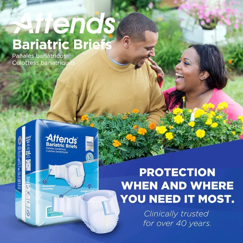Attends Bariatric Incontinence Disposable Briefs, XX-Large, 63"-70" Waist with SecureGrip Tab Closure, Ultimate Absorbency, Dry-Lock Containment Core and ConfidenceCuff Leakage Protection, 12ct Bag