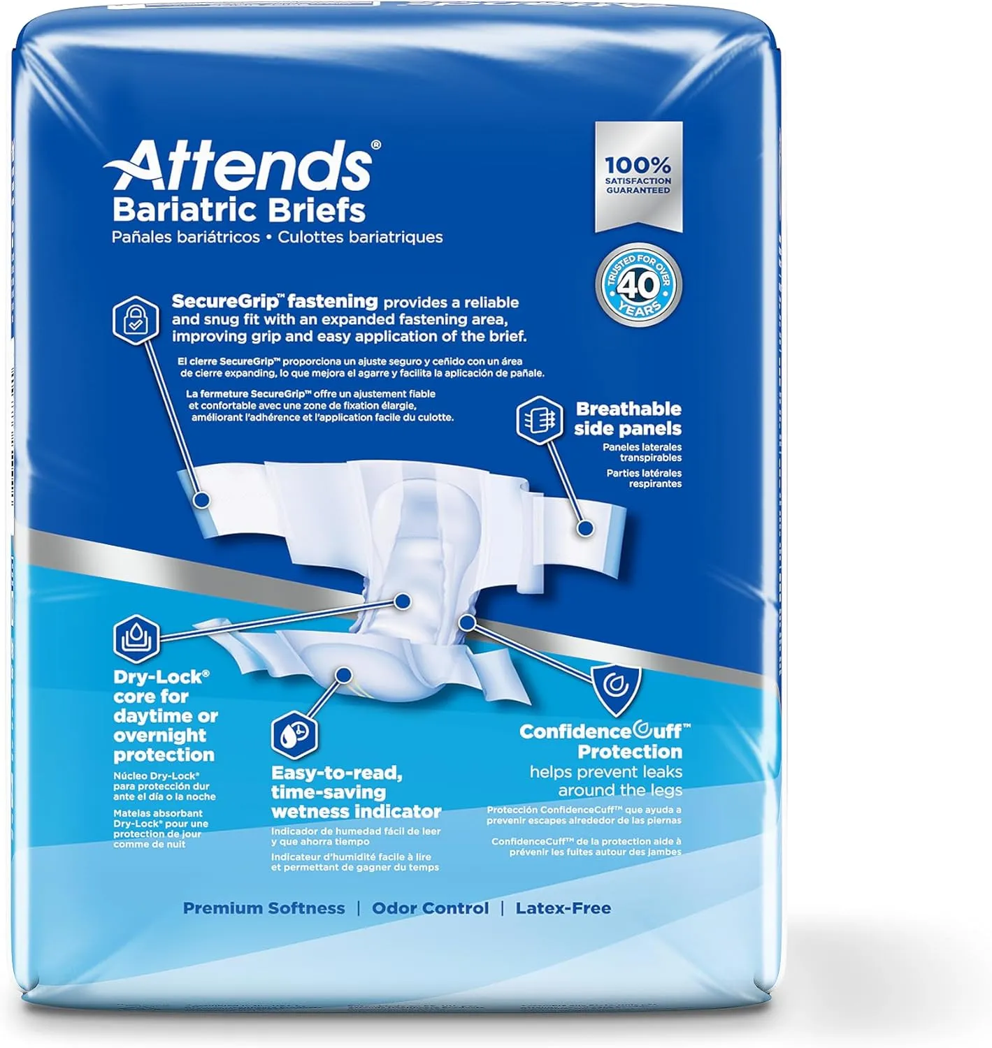 Attends Bariatric Incontinence Disposable Briefs, XX-Large, 63"-70" Waist with SecureGrip Tab Closure, Ultimate Absorbency, Dry-Lock Containment Core and ConfidenceCuff Leakage Protection, 12ct Bag