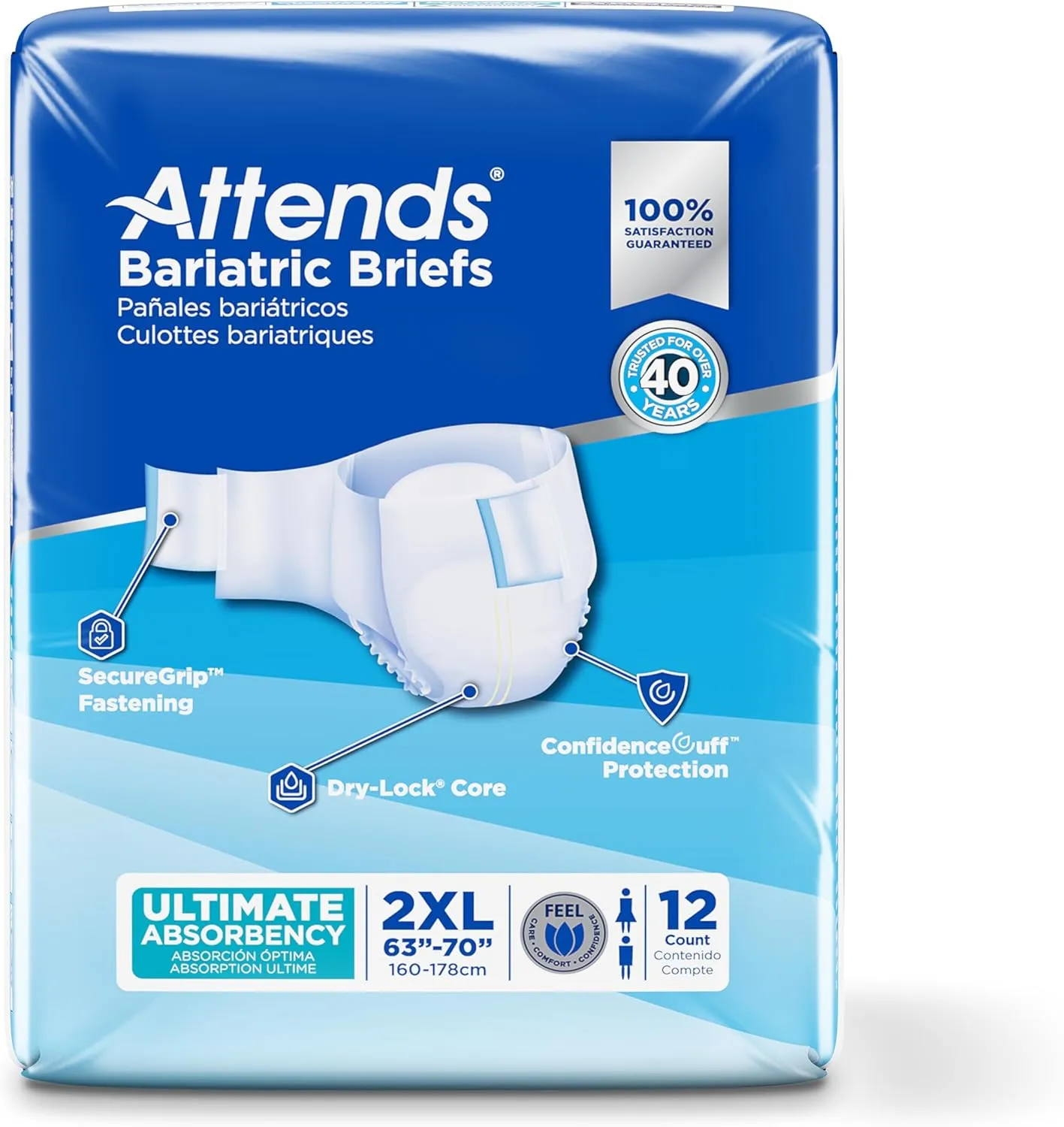 Attends Bariatric Incontinence Disposable Briefs, XX-Large, 63"-70" Waist with SecureGrip Tab Closure, Ultimate Absorbency, Dry-Lock Containment Core and ConfidenceCuff Leakage Protection, 12ct Bag