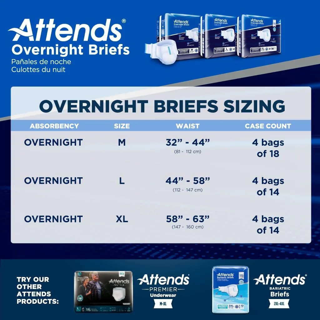 Attends Overnight Disposable Briefs, X-Large, 58"-63" Waist with Tab Closure, Heavy Absorbency and Dry-Lock Containment Core, 14ct Bag