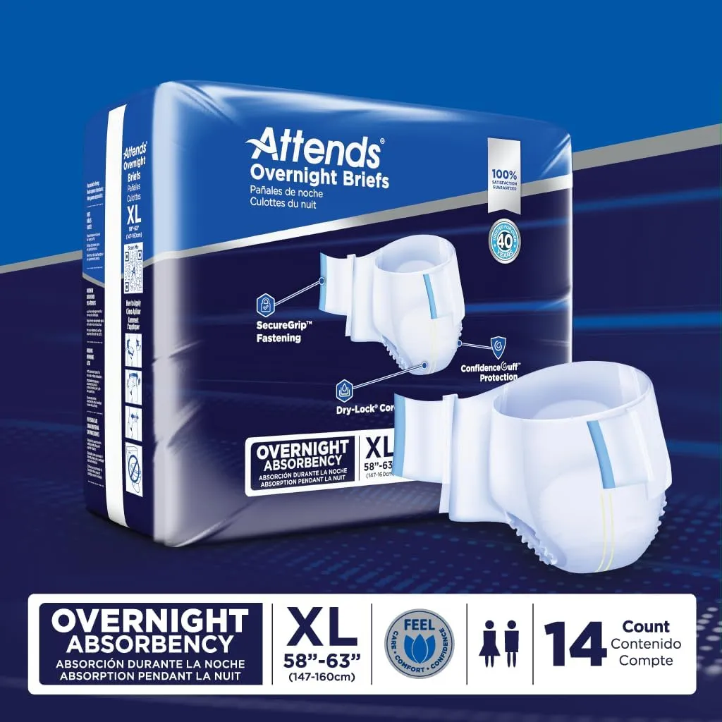 Attends Overnight Disposable Briefs, X-Large, 58"-63" Waist with Tab Closure, Heavy Absorbency and Dry-Lock Containment Core, 14ct Bag