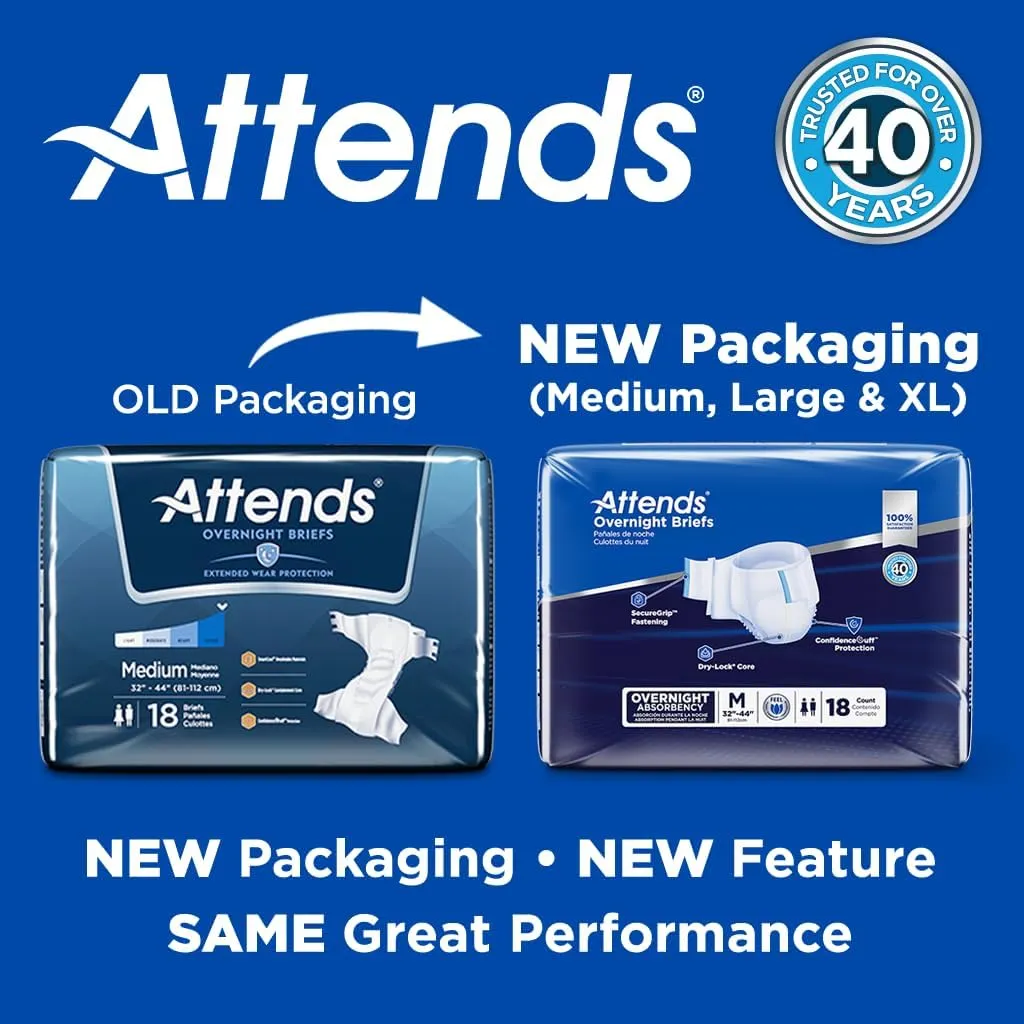 Attends Overnight Disposable Briefs, X-Large, 58"-63" Waist with Tab Closure, Heavy Absorbency and Dry-Lock Containment Core, 14ct Bag