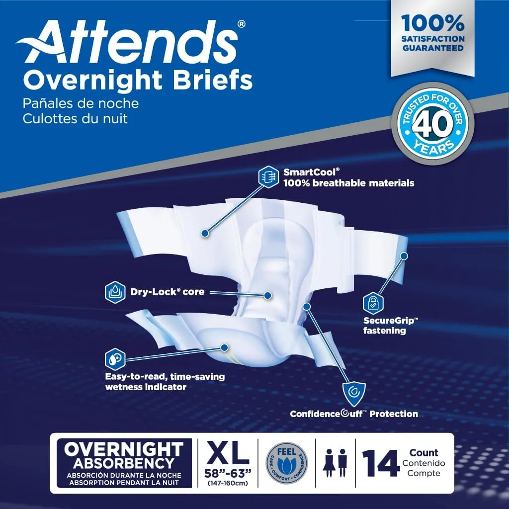 Attends Overnight Disposable Briefs, X-Large, 58"-63" Waist with Tab Closure, Heavy Absorbency and Dry-Lock Containment Core, 14ct Bag