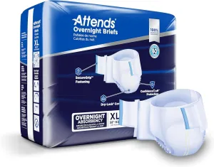 Attends Overnight Disposable Briefs, X-Large, 58"-63" Waist with Tab Closure, Heavy Absorbency and Dry-Lock Containment Core, 14ct Bag