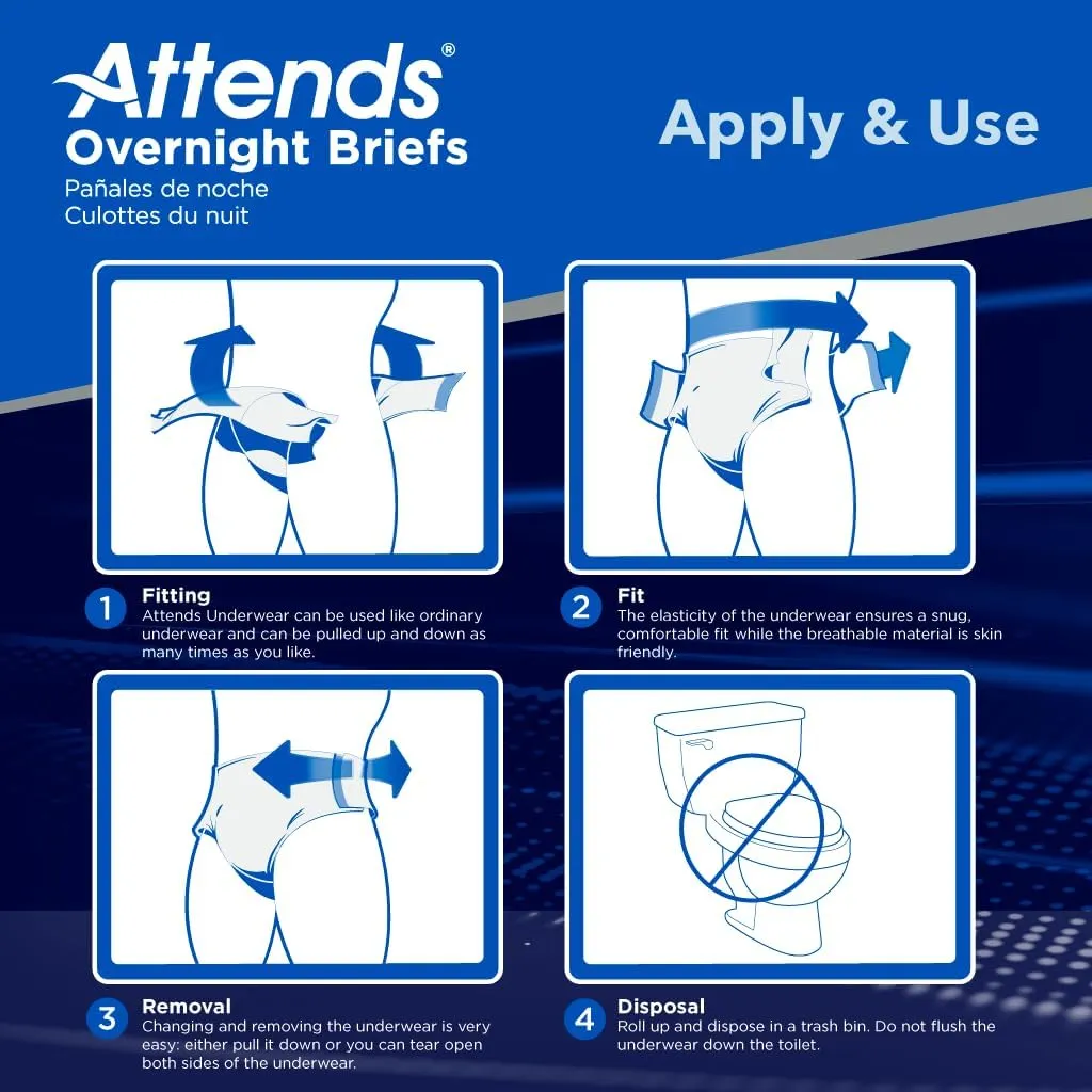 Attends Overnight Disposable Briefs, X-Large, 58"-63" Waist with Tab Closure, Heavy Absorbency and Dry-Lock Containment Core, 14ct Bag