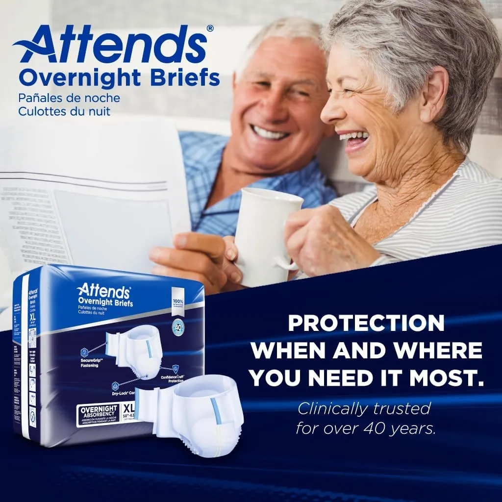 Attends Overnight Disposable Briefs, X-Large, 58"-63" Waist with Tab Closure, Heavy Absorbency and Dry-Lock Containment Core, 14ct Bag