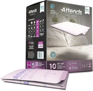 Attends Premier Disposable Underpads, 30"x36", Premium Overnight Absorbency with Dry-Lock Containment Core, Breathable Backing, Keep Furniture Protected and Skin Dry, 10ct Bag
