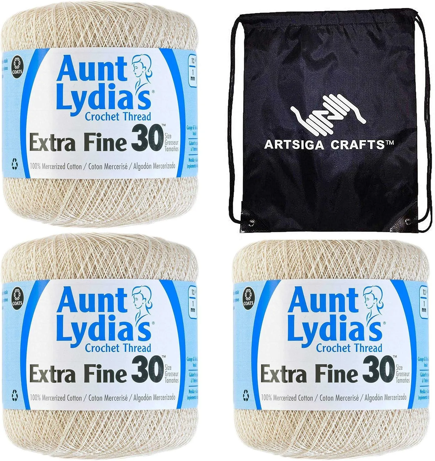 Aunt Lydia's Crochet Thread Extra Fine Size 30 Natural 180-226 (3-Skeins) Same Dye Lot Size 30 Soft 100% Mercerized Cotton with Project Bag