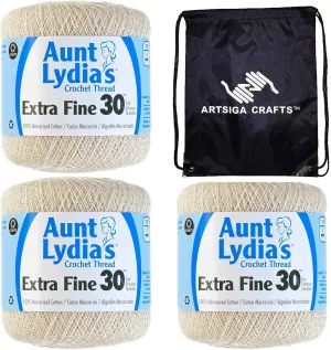 Aunt Lydia's Crochet Thread Extra Fine Size 30 Natural 180-226 (3-Skeins) Same Dye Lot Size 30 Soft 100% Mercerized Cotton with Project Bag
