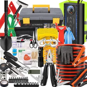 AUTODECO 98 PCS Roadside Car Emergency Assistance Kit with Portable Air Compressor Jumper Cables Safety Hammer All in One Pliers Tool Set（Black）